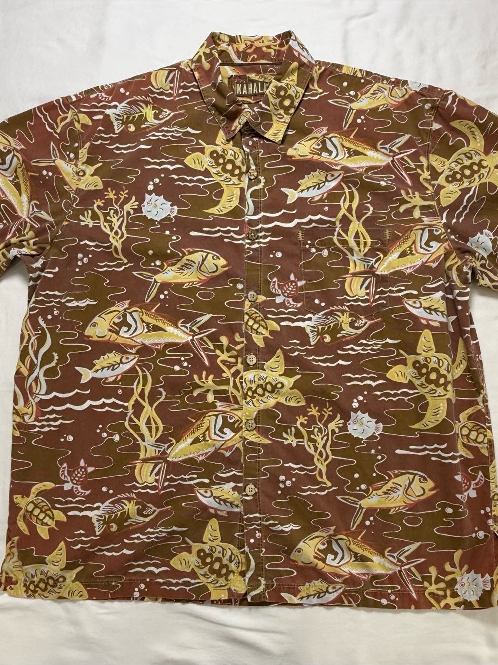 Vintage Kahala Brown & Yellow Tropical Print Short-Sleeve Shirt